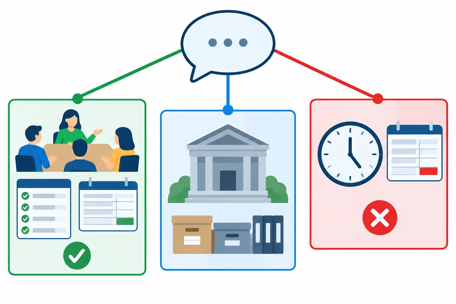 Diagrama com uma mesma fala ligada a três contextos: um a apoia, outro não traz informação prévia e outro a contradiz.