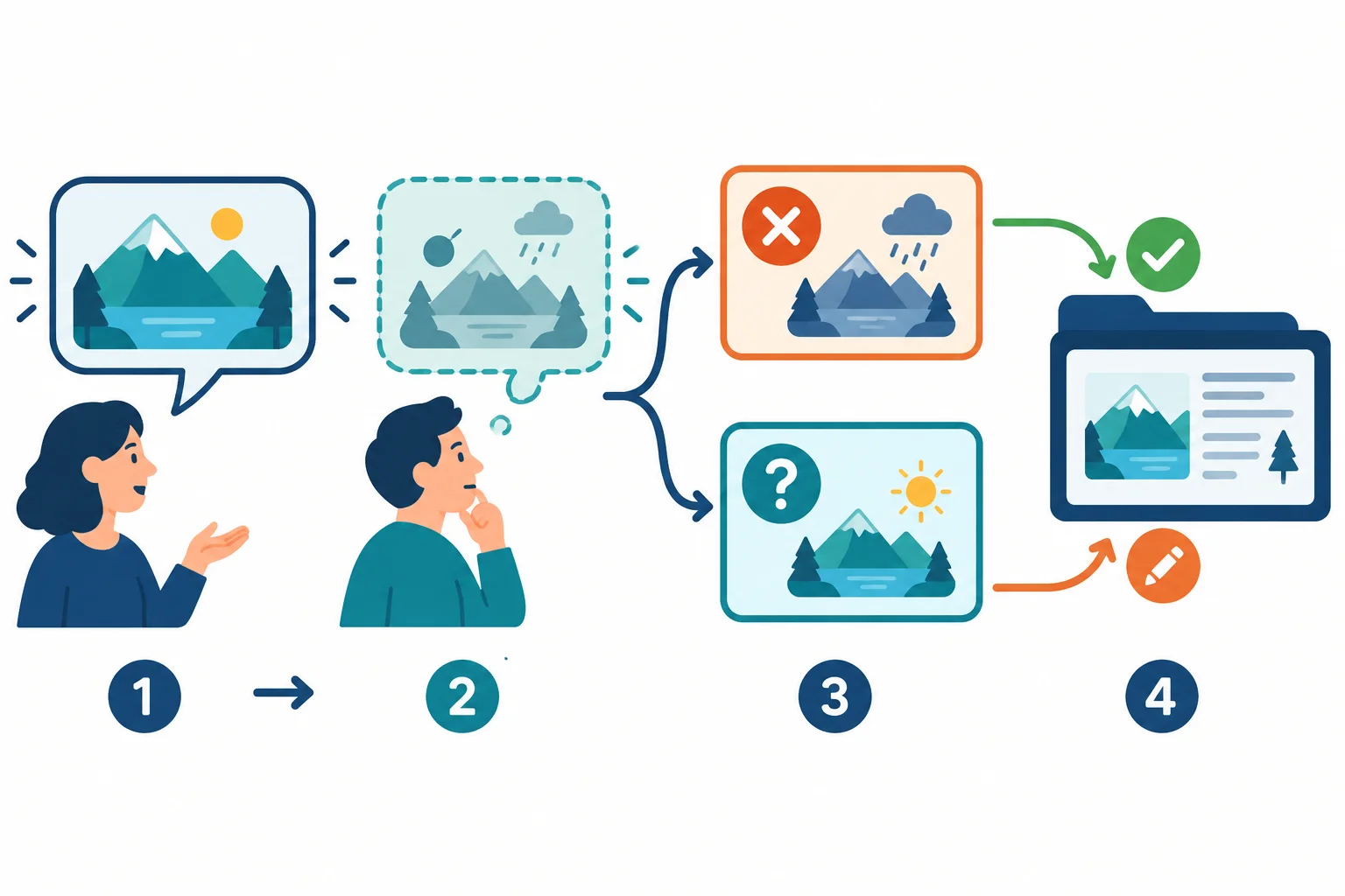 Fluxo visual que vai do conteúdo em primeiro plano à premissa, ao teste com negativa e pergunta, e à checagem do contexto.