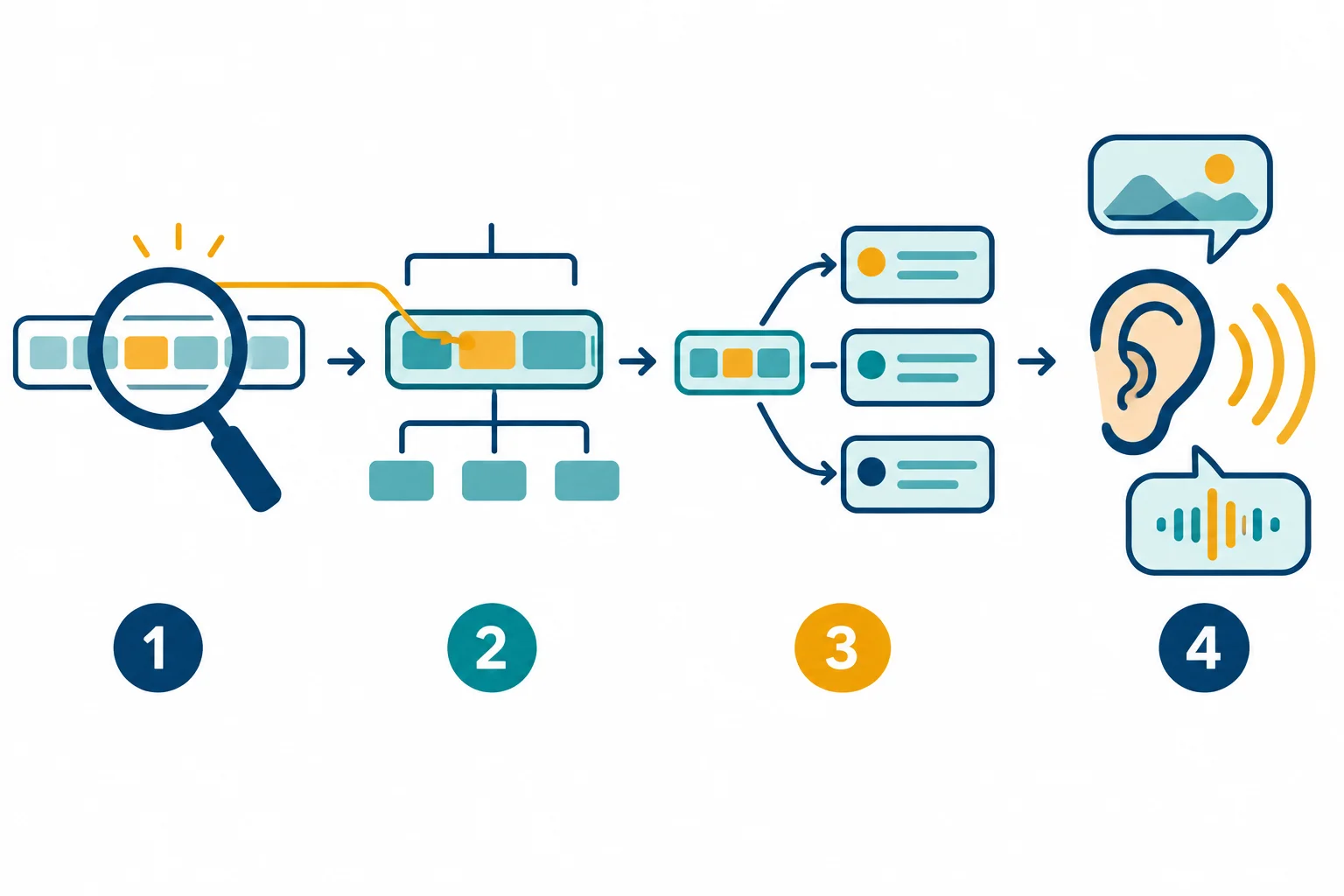 Diagrama em quatro etapas: localizar um advérbio, ligá-lo ao elemento focalizado, comparar alternativas e verificar contexto e destaque oral.