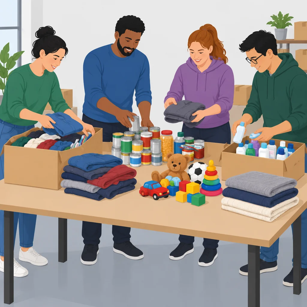 Os voluntários organizam os mesmos itens em uma mesa compartilhada.