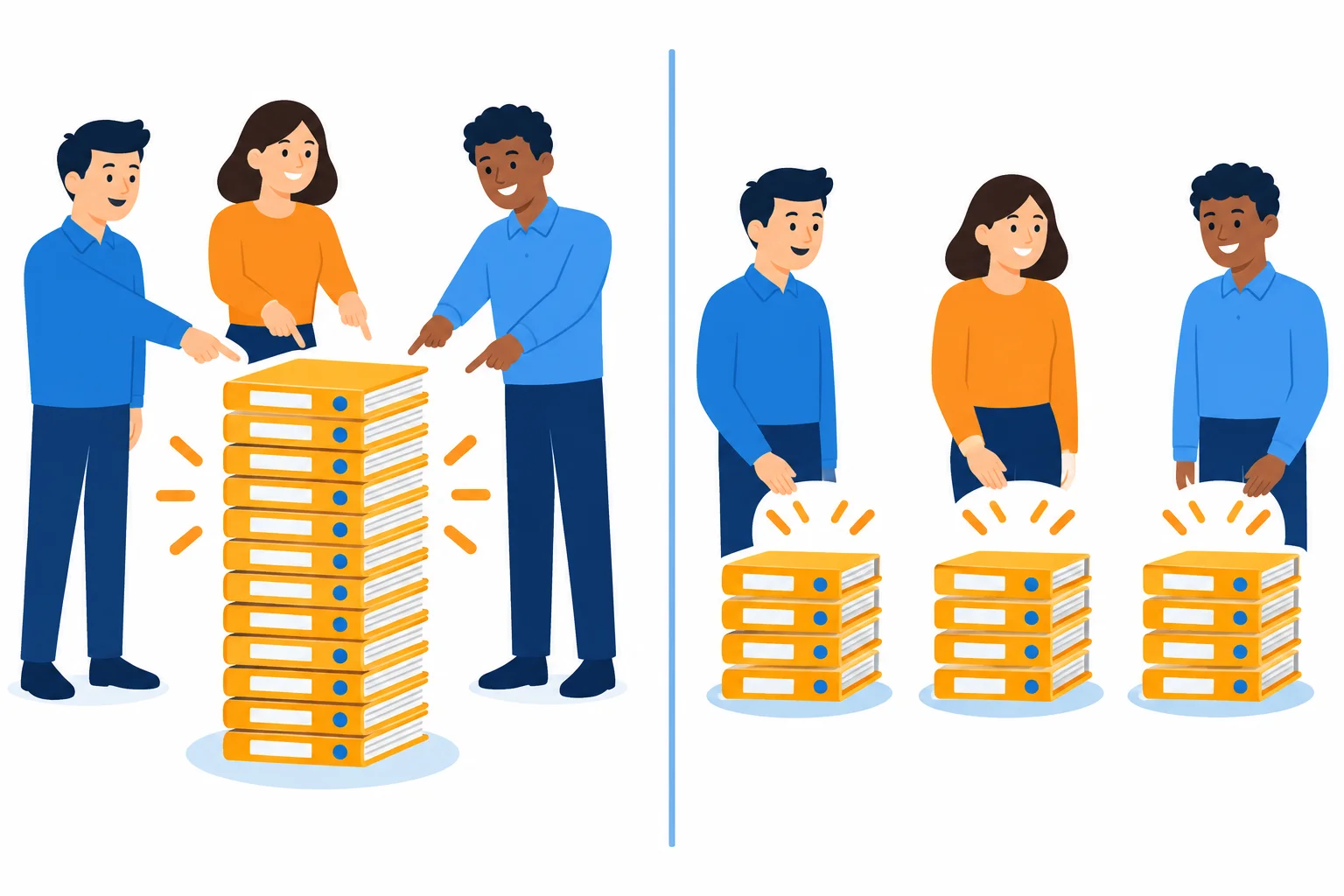 Comparação visual entre uma pilha única de relatórios para uma equipe e pilhas individuais para cada integrante.