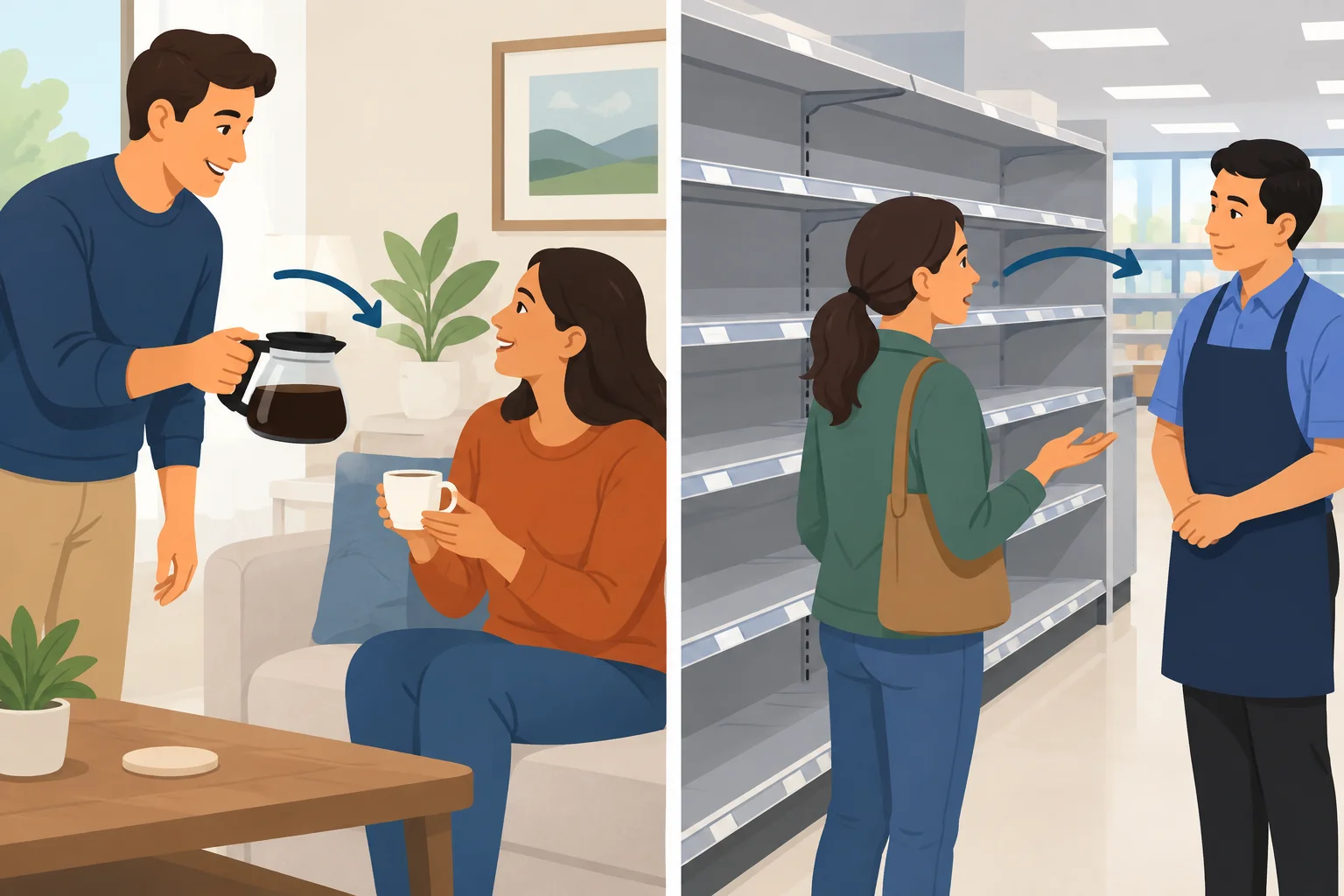 Comparação visual entre oferecer café a um visitante e perguntar sobre a disponibilidade de café em uma loja.