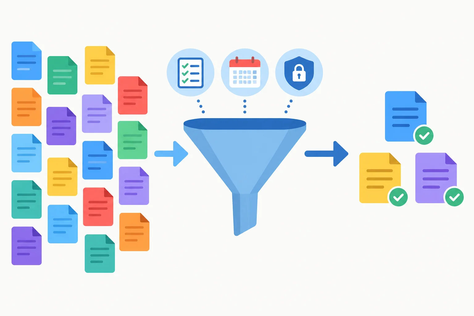 Diagrama mostrando documentos passando por filtros de lista, disponibilidade e requisito até restarem apenas os elegíveis.
