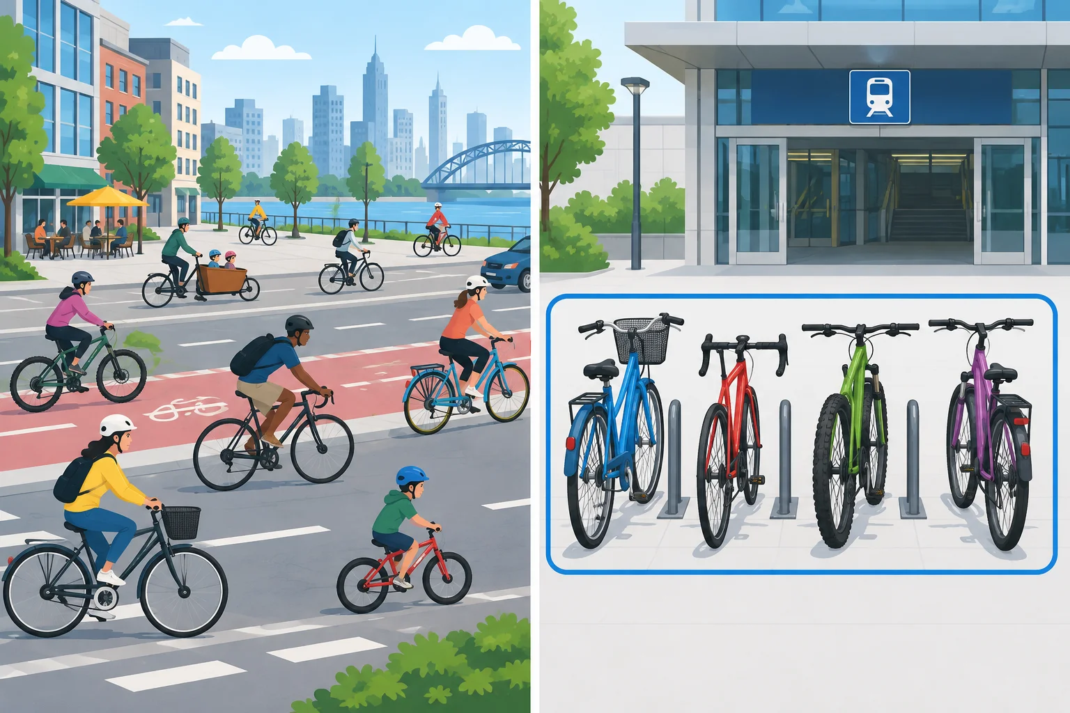 Comparação entre bicicletas distribuídas por uma cidade e um grupo específico de bicicletas diante de uma estação.