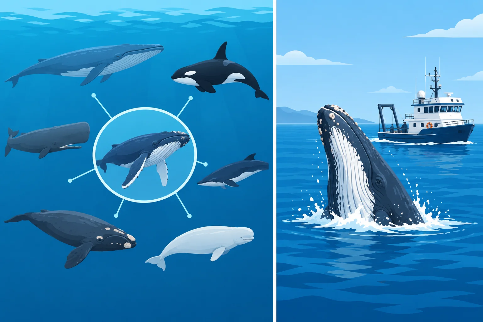 Diagrama comparando uma baleia representativa de uma categoria com uma baleia envolvida em um acontecimento junto a um barco de pesquisa.