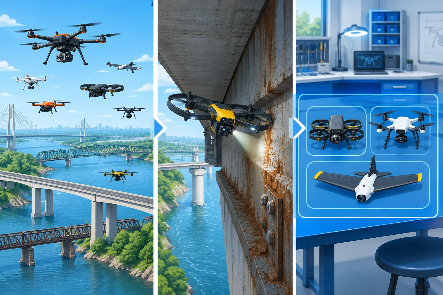 Comparação visual entre vários drones como categoria, um drone como exemplar e protótipos delimitados sobre uma mesa azul.