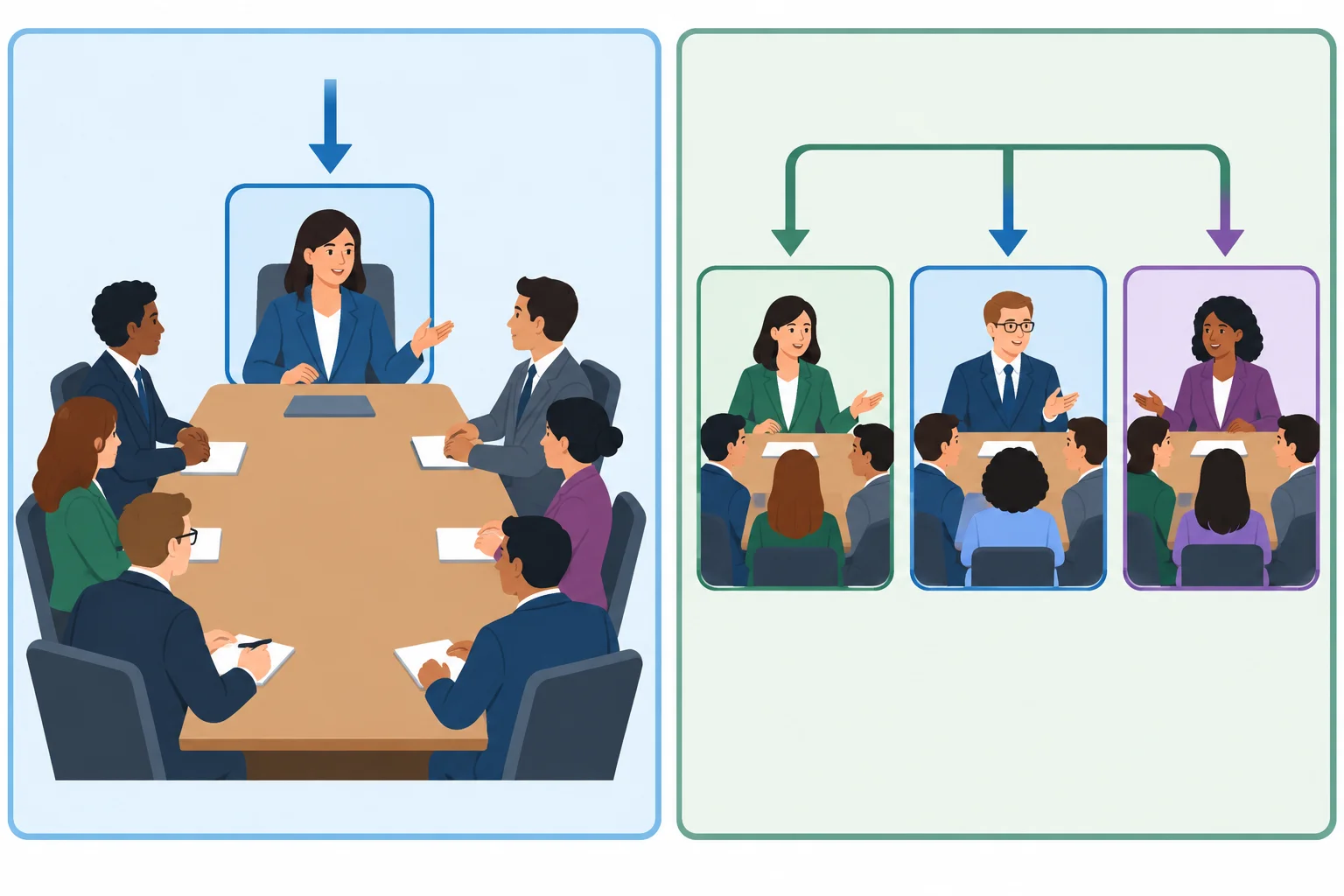 Diagrama que contrasta uma reunião com uma única pessoa no papel de chair e várias reuniões, cada uma com seu próprio chair.