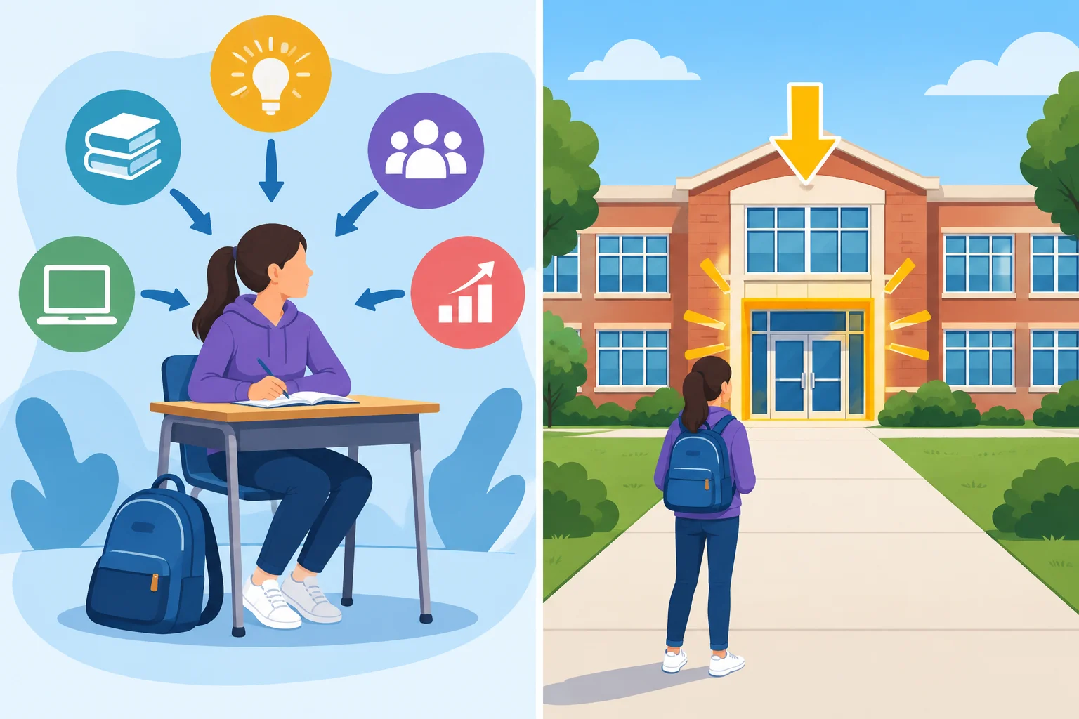 Comparação visual entre uma leitura institucional, representada pela participação em uma atividade escolar, e uma leitura que destaca um prédio específico.
