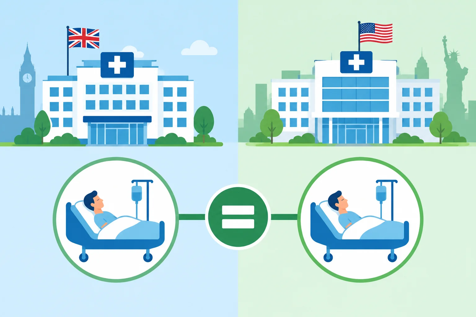 Comparação visual entre uma pessoa internada em contexto britânico e americano, mostrando o mesmo sentido de paciente.