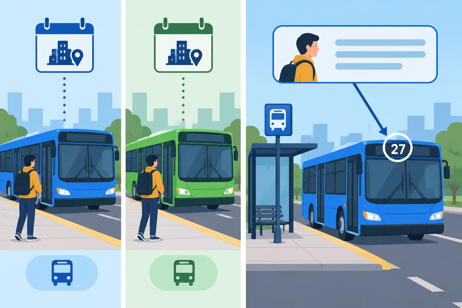 Comparação entre uma pessoa usando ônibus diferentes em dias distintos e um ônibus específico selecionado pelo contexto.
