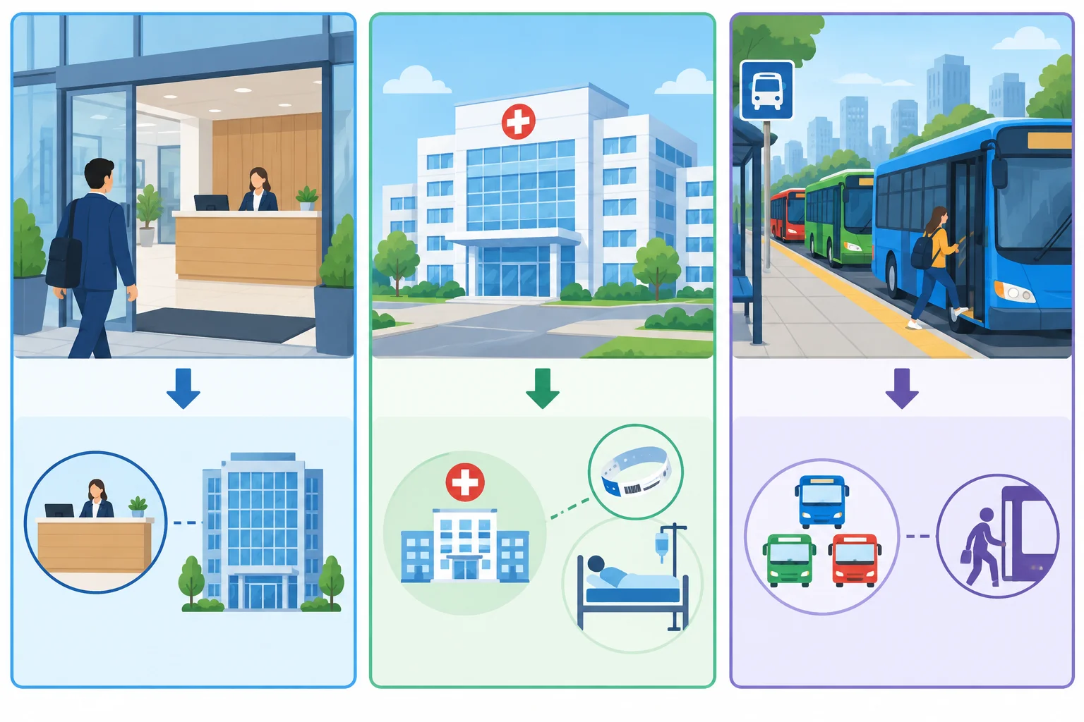 Esquema com uma recepção vinculada a um prédio, um contraste entre atendimento hospitalar e edifício, e vários ônibus representando um serviço de transporte.