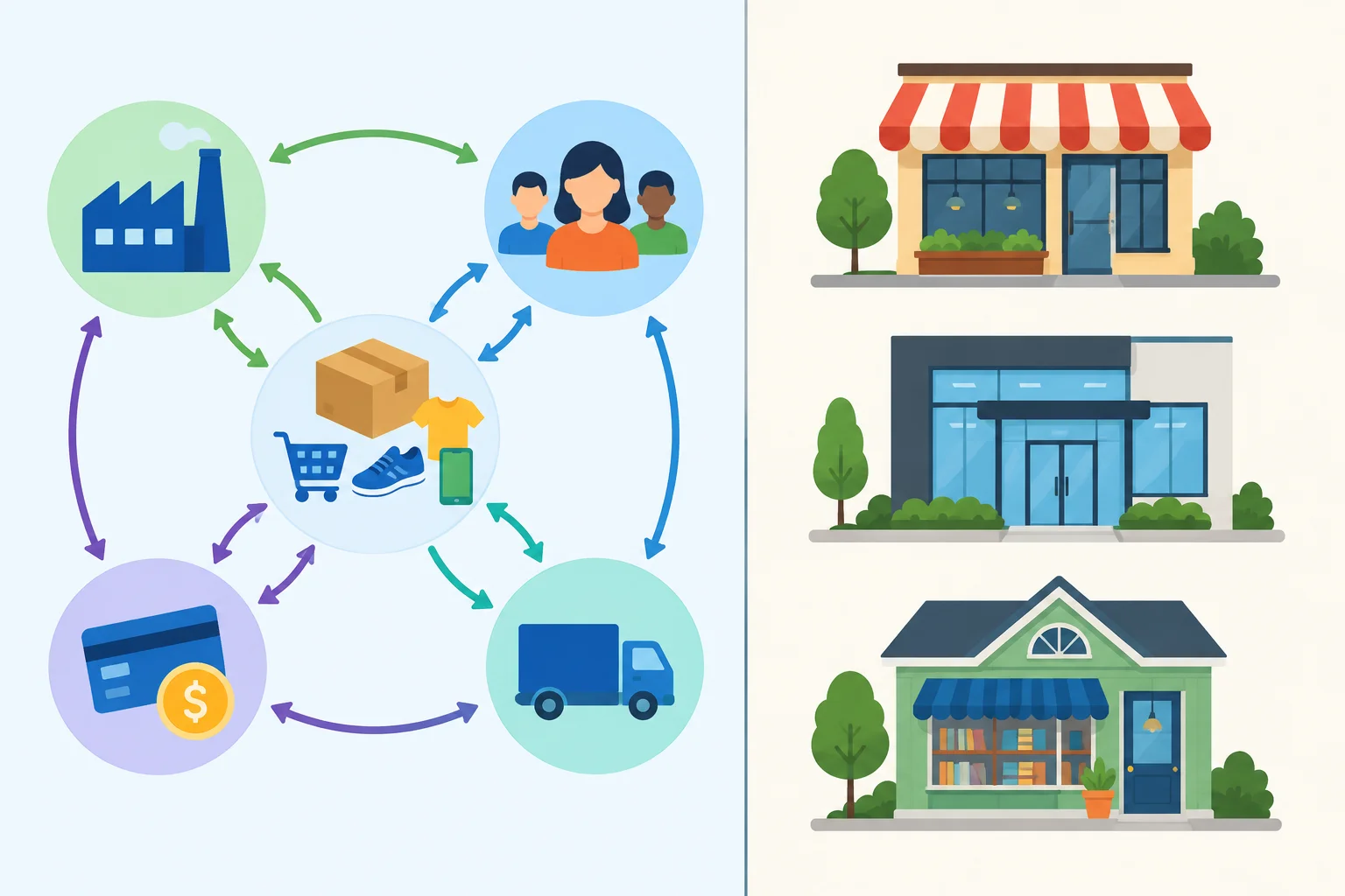 Comparação entre uma rede de atividade comercial e três empreendimentos separados.