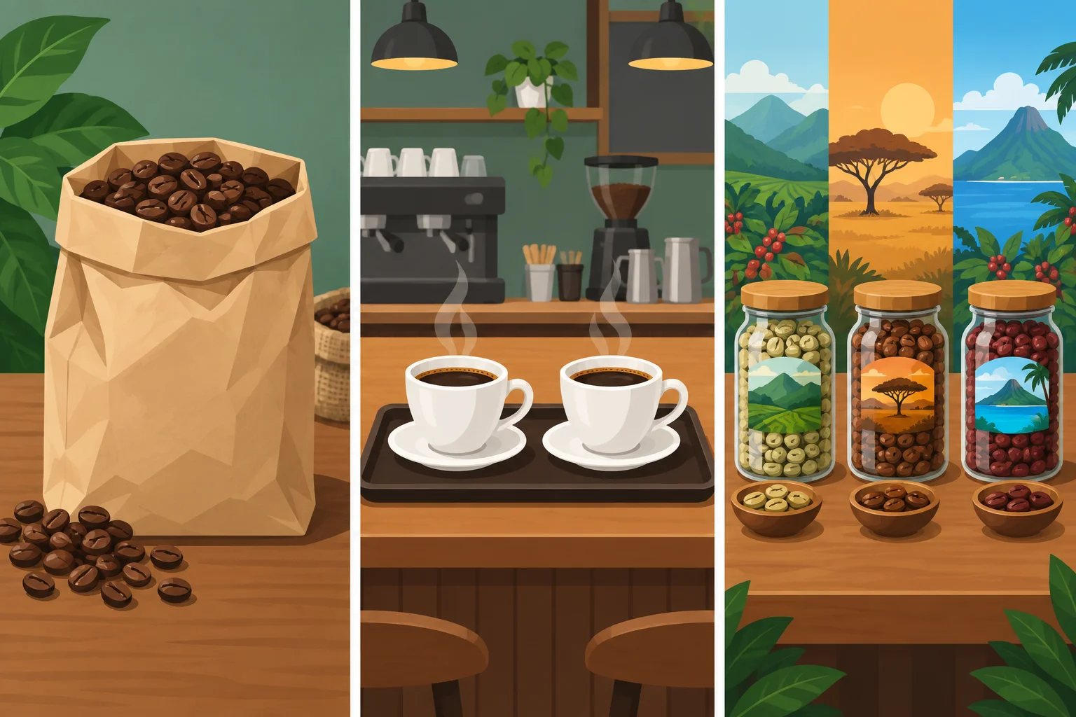 Três painéis mostram café como produto, duas porções servidas e três variedades de grãos.