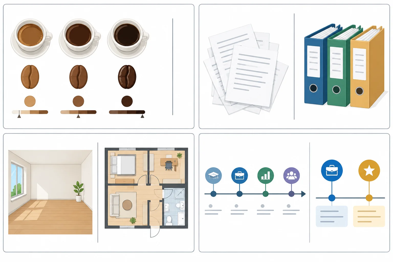 Diagrama em quatro painéis contrapondo porções e variedades de café, folhas e documentos, espaço e cômodos, trajetória profissional e episódios individuais.