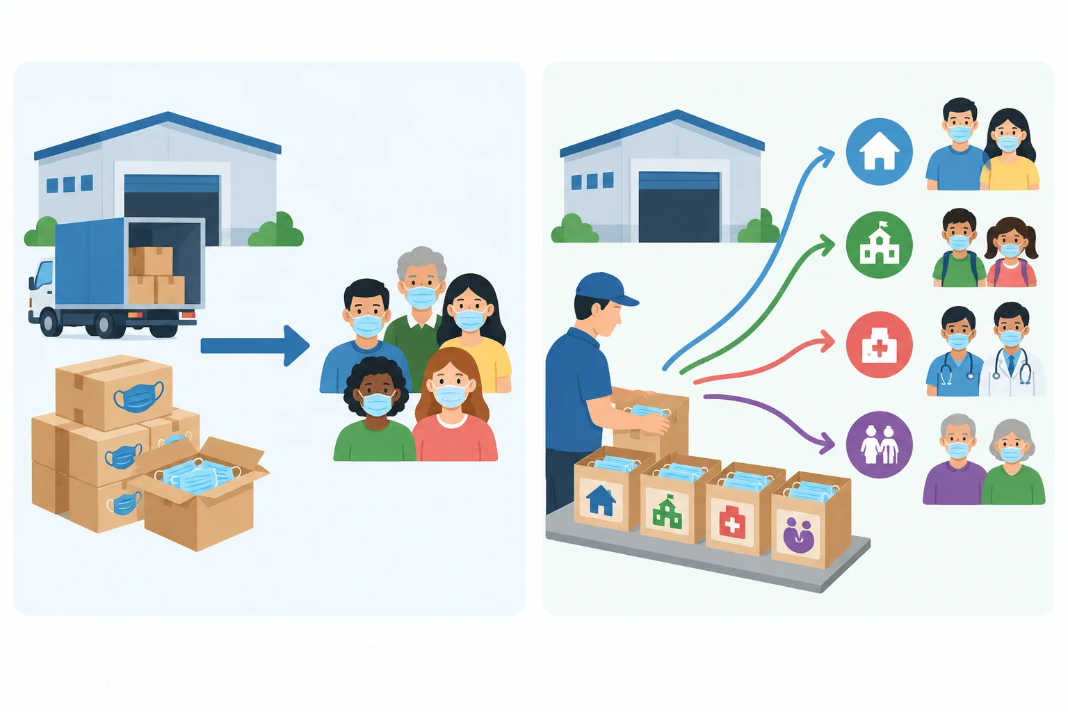 Diagrama comparando o fornecimento direto de máscaras a moradores com máscaras destinadas a moradores.