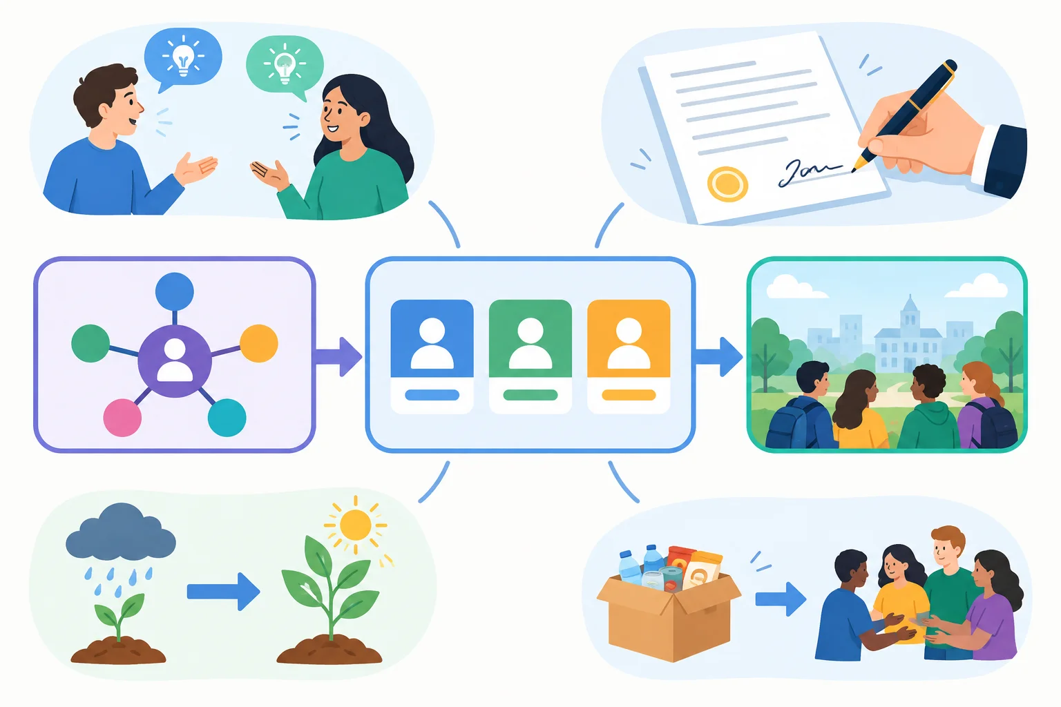 Diagrama com três verificações — relação, participantes e contexto — conectadas a exemplos de concordância, autorização, causa e fornecimento.