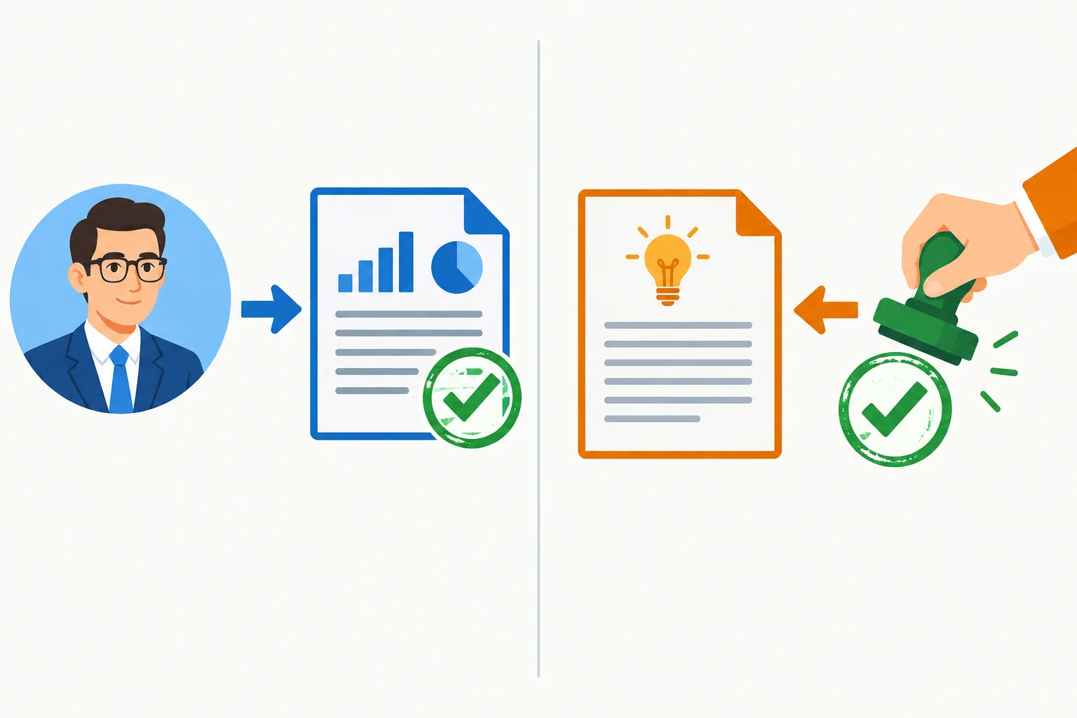 Diagrama comparando uma pessoa que aprova um relatório com uma proposta que recebe aprovação de um agente não identificado.