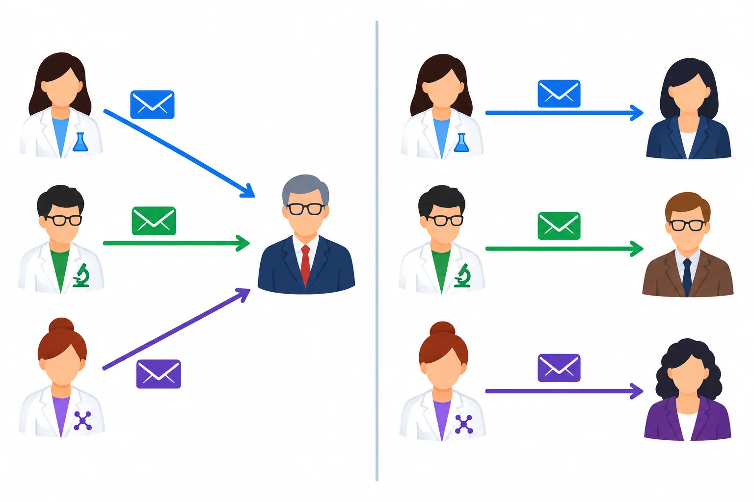 Diagrama em dois painéis: vários pesquisadores enviam documentos a uma única professora no primeiro; cada pesquisador envia a um supervisor diferente no segundo.