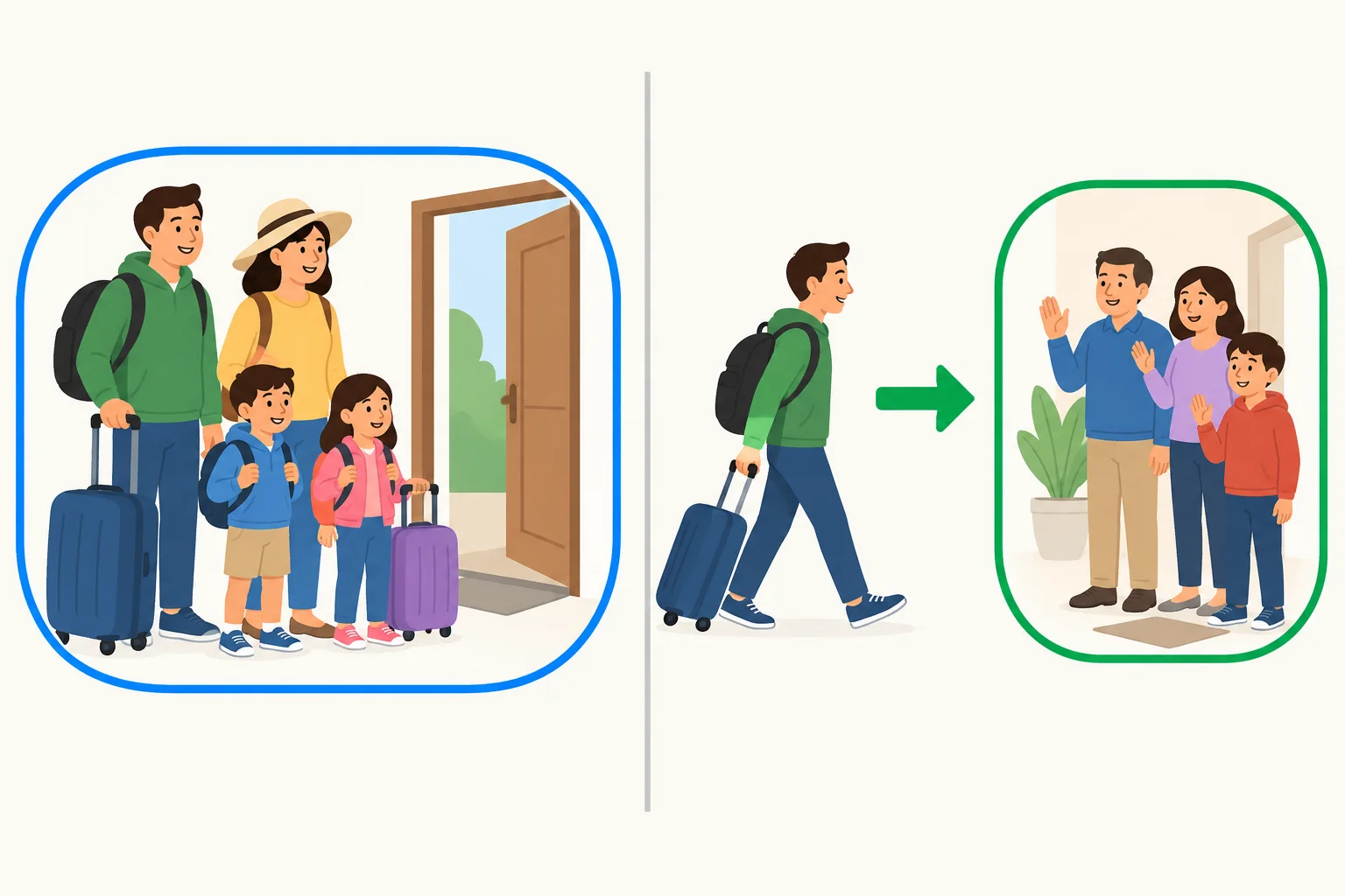 Diagrama em duas partes: à esquerda, parentes visitantes formam um grupo; à direita, uma pessoa realiza a ação de visitar parentes.