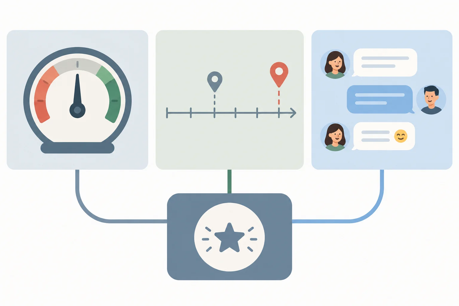 Infográfico com três painéis: um medidor em nível intermediário, uma marca além de uma expectativa e uma conversa informal.