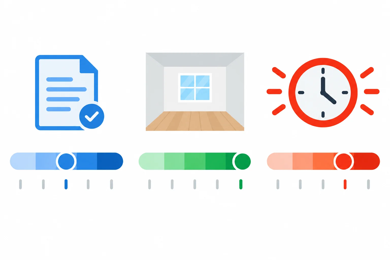 Diagrama com uma escala moderada para um relatório claro, um ponto final de completude para uma sala vazia e um grau alto para uma situação urgente.