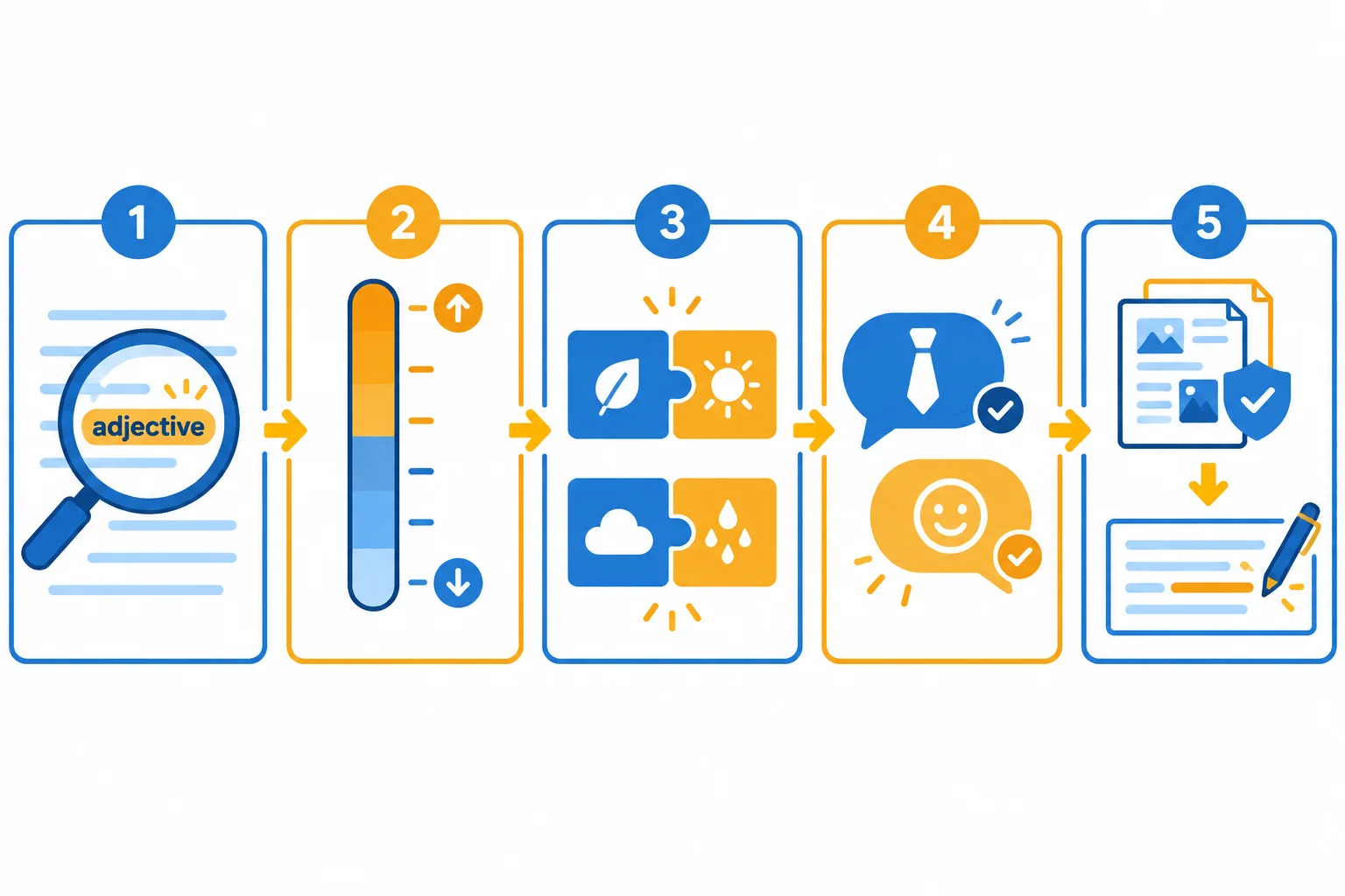 Diagrama visual de cinco verificações: sentido, grau, combinação, registro e sustentação.