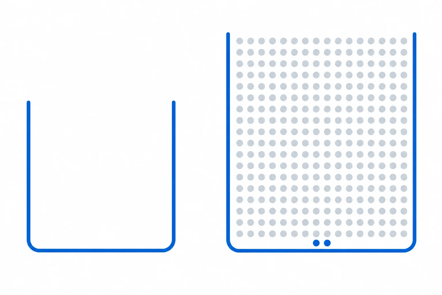 Comparação entre um recipiente vazio e outro com apenas dois itens destacados em meio a um conjunto grande.
