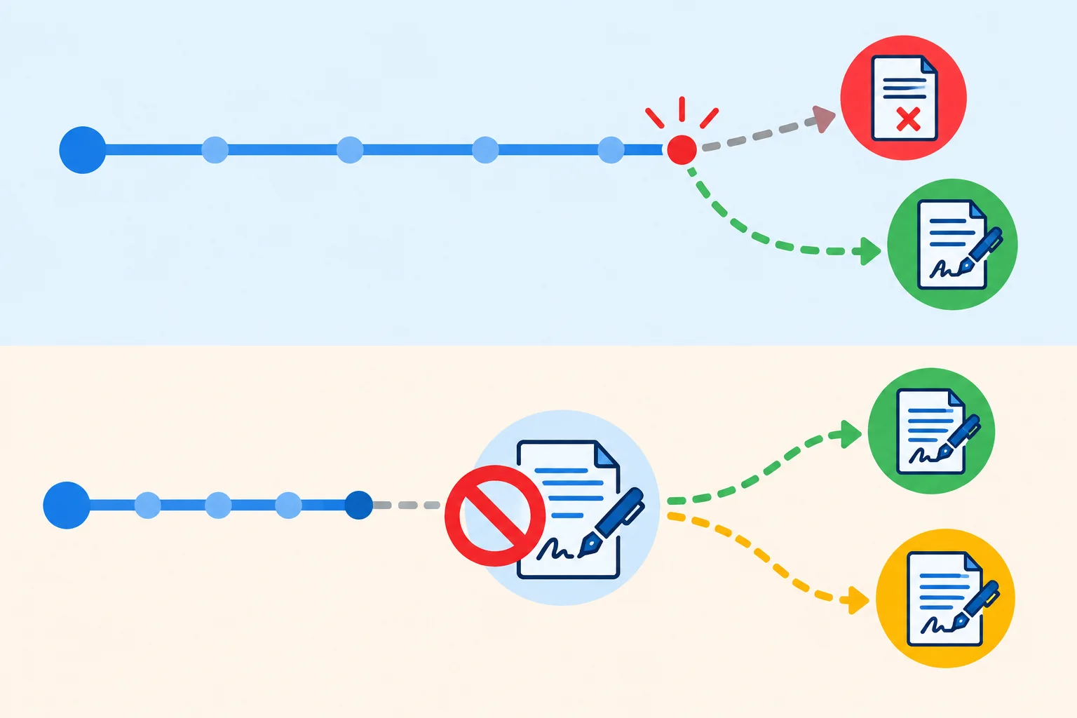Dois diagramas contrastam aproximação de um resultado negativo com negação da aproximação de assinar.