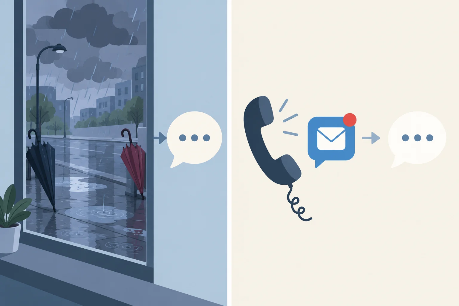 Comparação visual entre pistas observáveis, como rua molhada, e informação recebida por telefone ou mensagem.