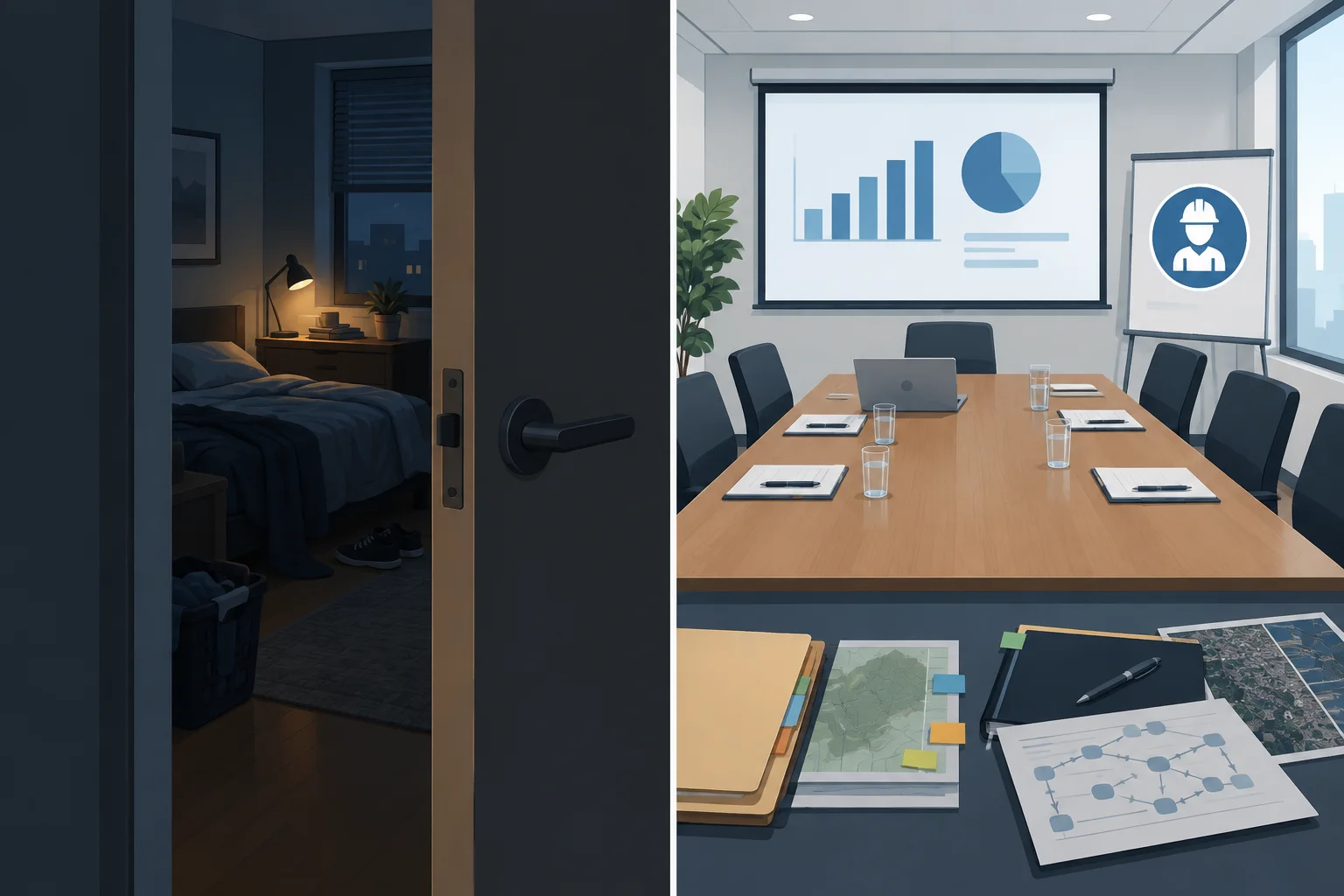 Comparação visual entre uma sala que parece vazia pelos indícios visíveis e uma reunião apresentada publicamente como voltada à segurança.