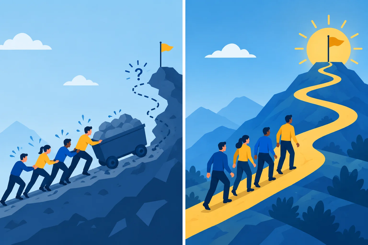 Comparação visual entre uma trajetória de esforço que pode não chegar ao objetivo e um resultado apresentado como assegurado.