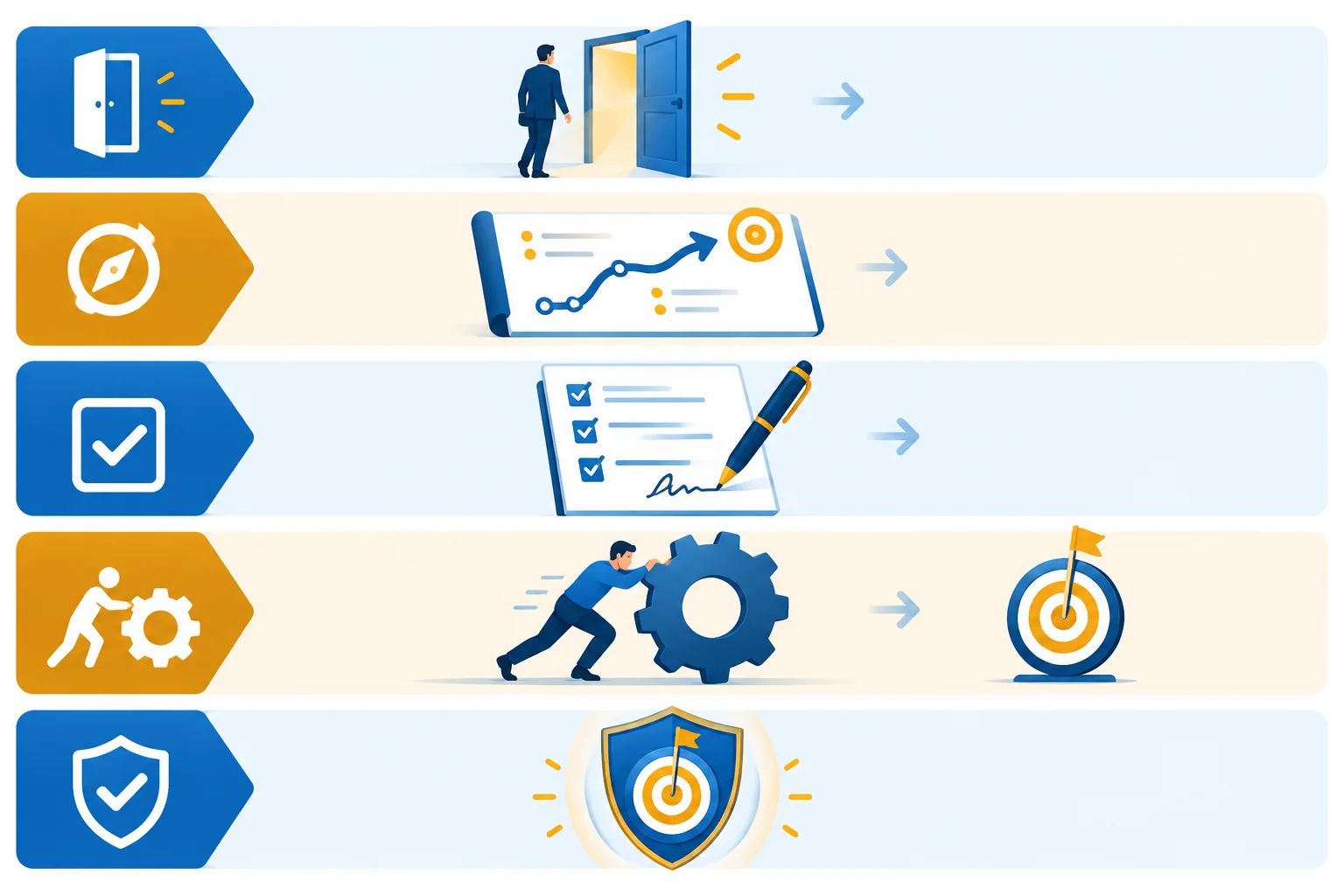 Diagrama com cinco categorias de declaração: disposição, intenção, compromisso de ação, empenho e garantia, visualmente separadas.