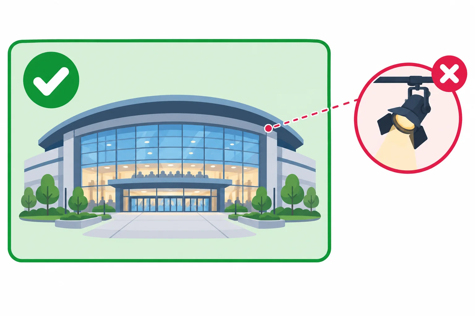 Diagrama de um local avaliado positivamente, com a iluminação destacada separadamente como aspecto ressalvado.
