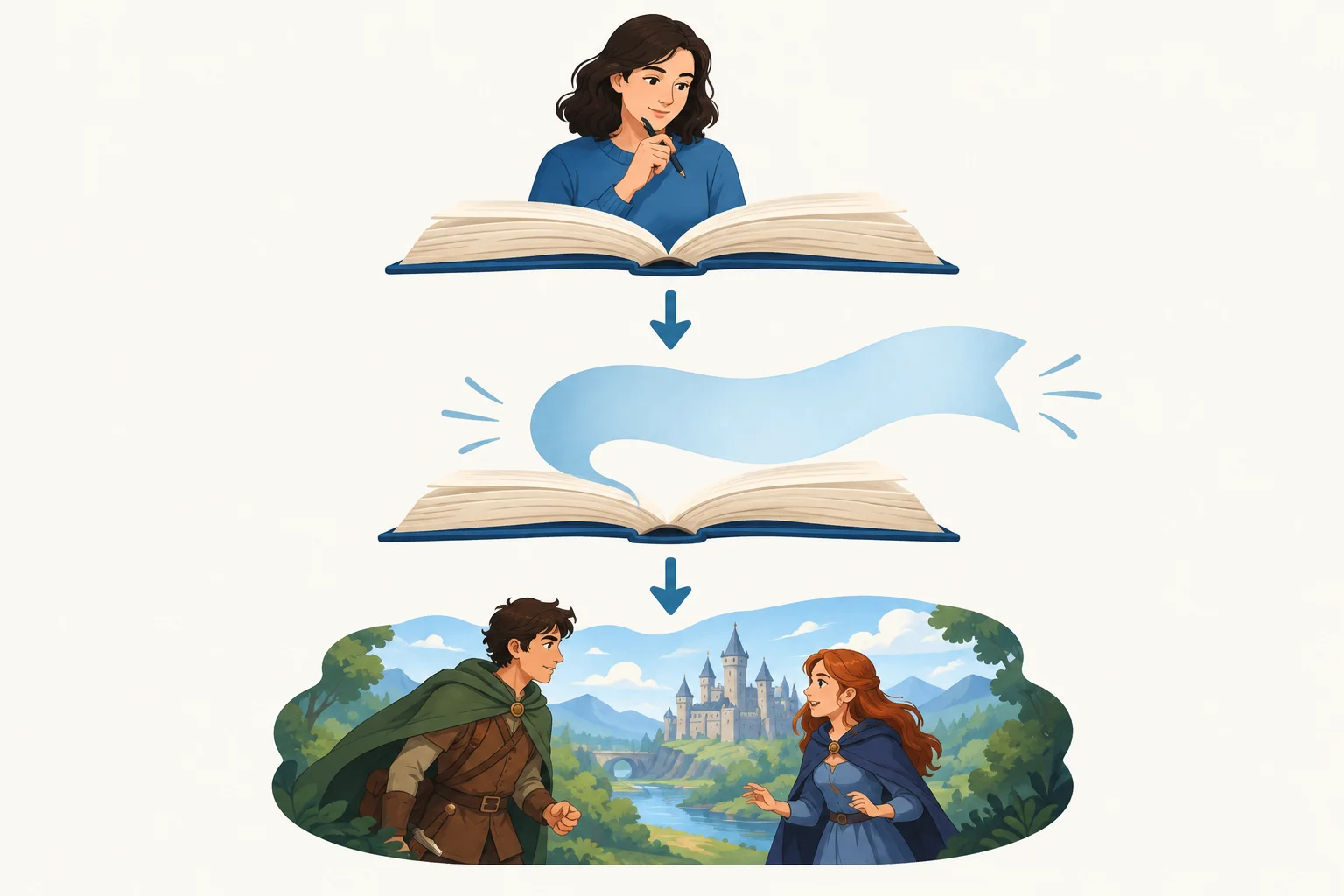 Diagrama em três níveis: autor fora do livro, voz narrativa ligada ao livro e personagens dentro da cena ficcional.