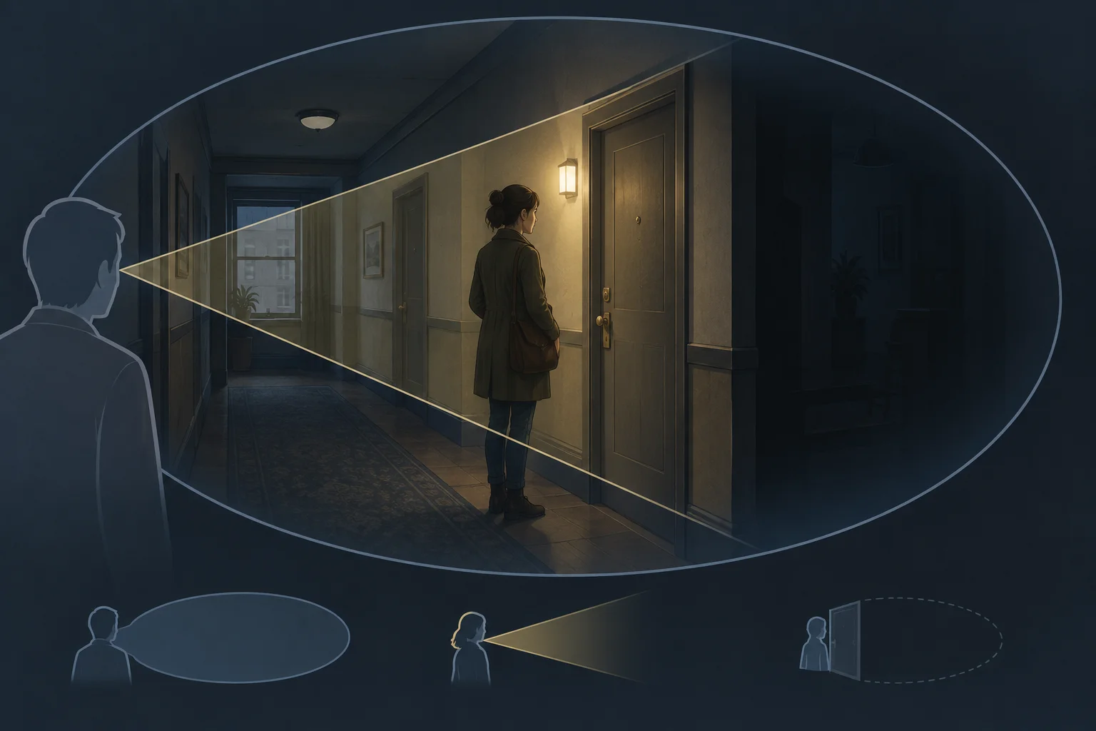 Diagrama de uma narradora externa enquadrando uma personagem que observa uma porta fechada; a área atrás da porta permanece desconhecida.