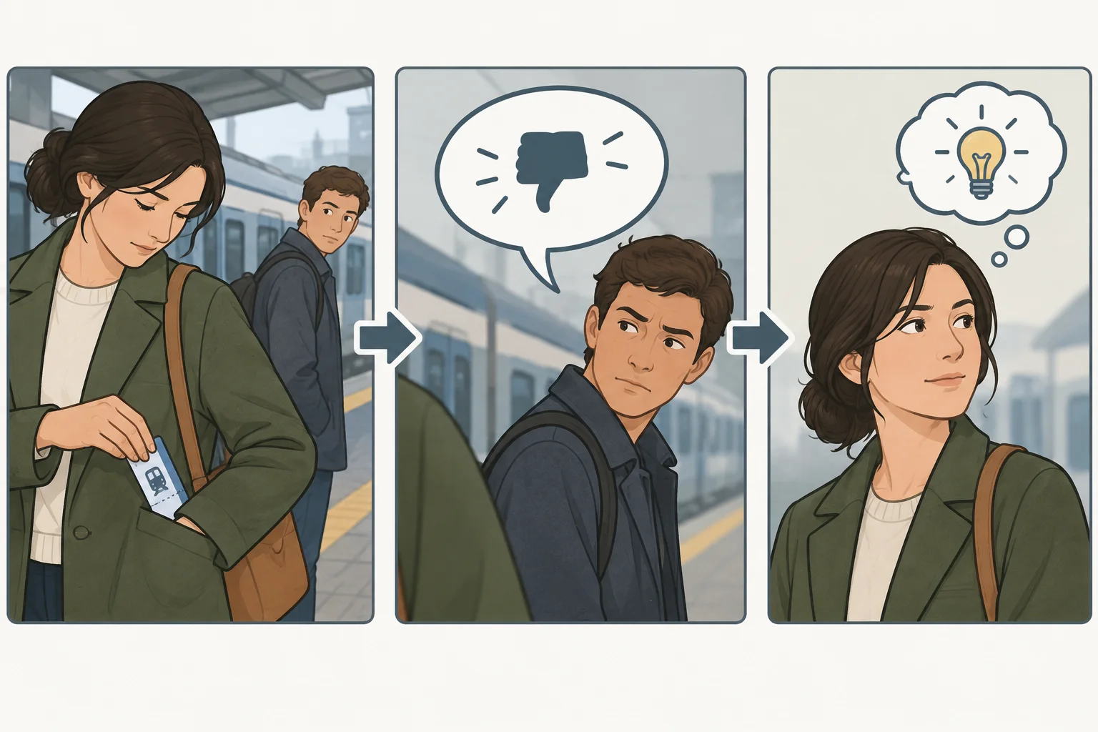 Diagrama com uma ação observável, uma fala avaliativa de personagem e uma inferência do leitor em camadas conectadas.