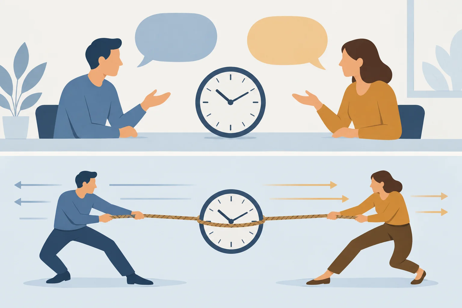 Diagrama em duas camadas: uma conversa sobre horário na parte superior e uma disputa de controle sugerida por linhas opostas na parte inferior.