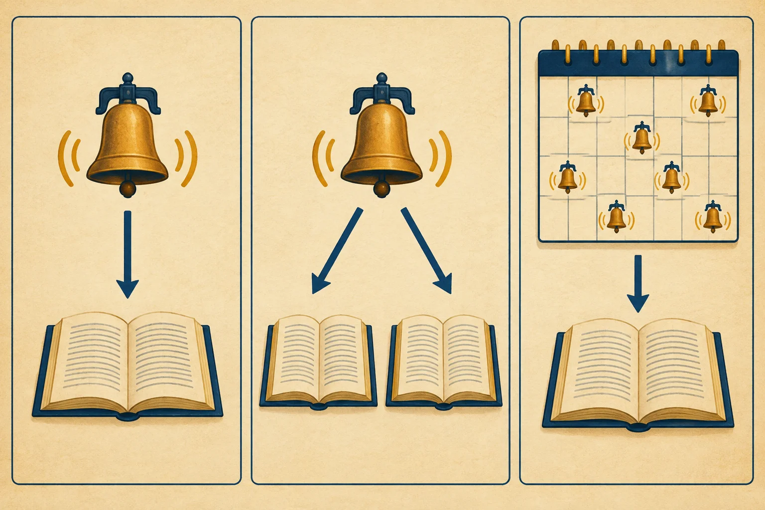 Diagrama com três relações: uma ocorrência e uma menção; uma ocorrência e duas menções; várias ocorrências semelhantes e uma menção resumidora.