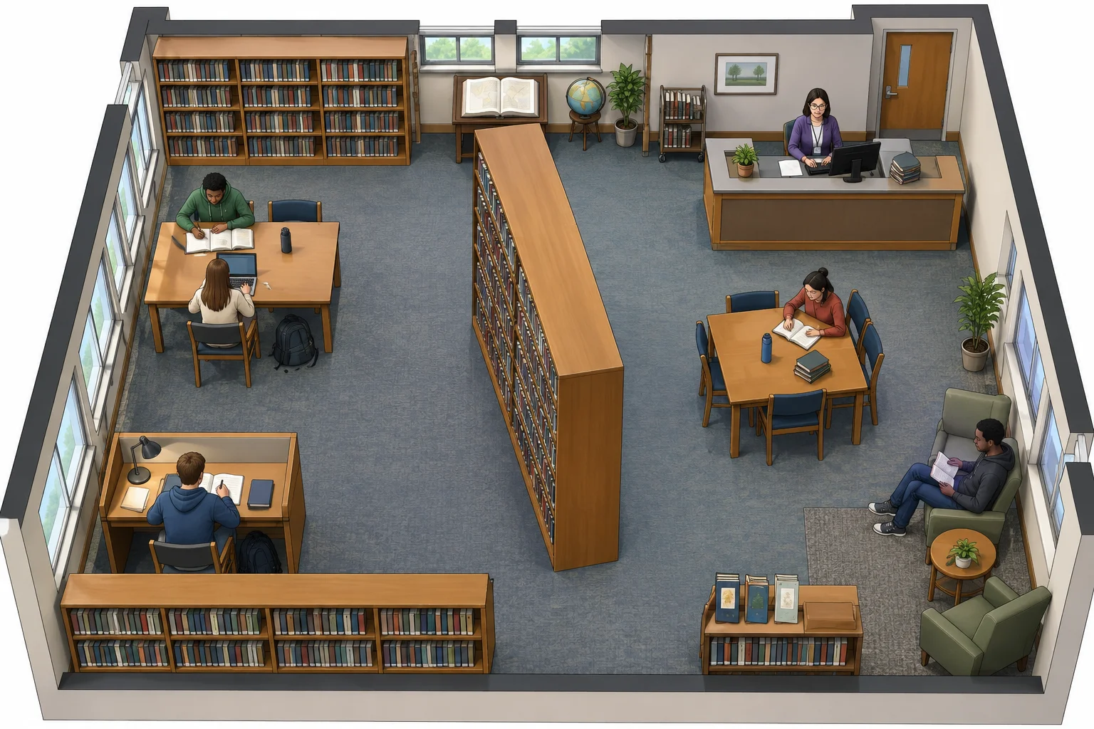 Esquema de uma sala de leitura: uma estante alta impede a visão entre uma estudante e um livro de referência, enquanto outros assentos estão ocupados e uma bibliotecária está no balcão.