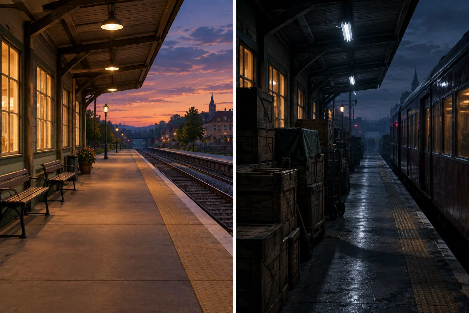 Comparação visual entre a mesma plataforma de estação apresentada de modo aberto e iluminado ou estreito e obstruído.