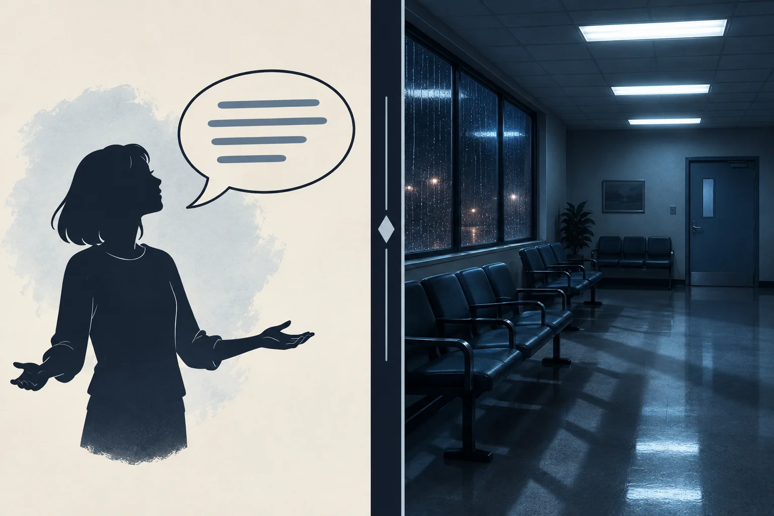 Diagrama em duas partes: de um lado, o estado declarado de uma personagem; de outro, uma sala de espera vazia e fria que sugere uma atmosfera inquietante.