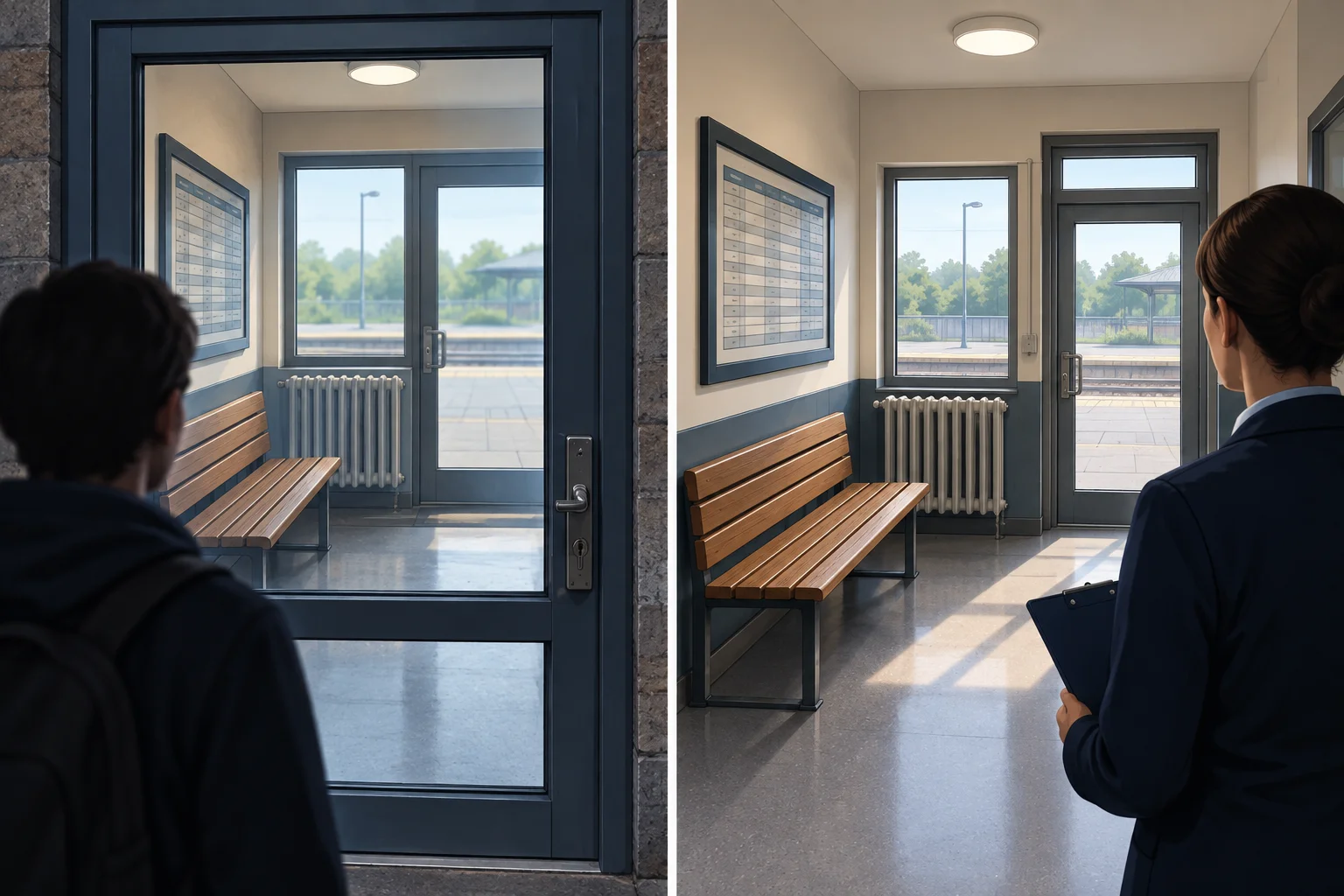 Esquema em dois painéis do mesmo saguão de estação, com porta de vidro trancada, banco, radiador e quadro de horários. A disposição material é idêntica, mas o enquadramento de cada ponto de vista destaca elementos diferentes.