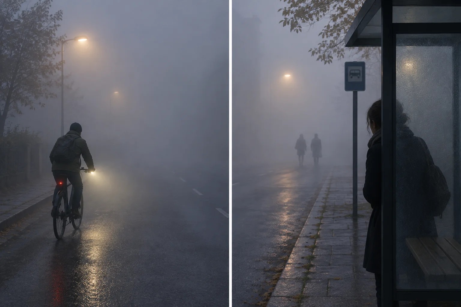 Comparação entre uma rua com neblina que dificulta a orientação de um ciclista e a mesma neblina que oferece privacidade a duas figuras.