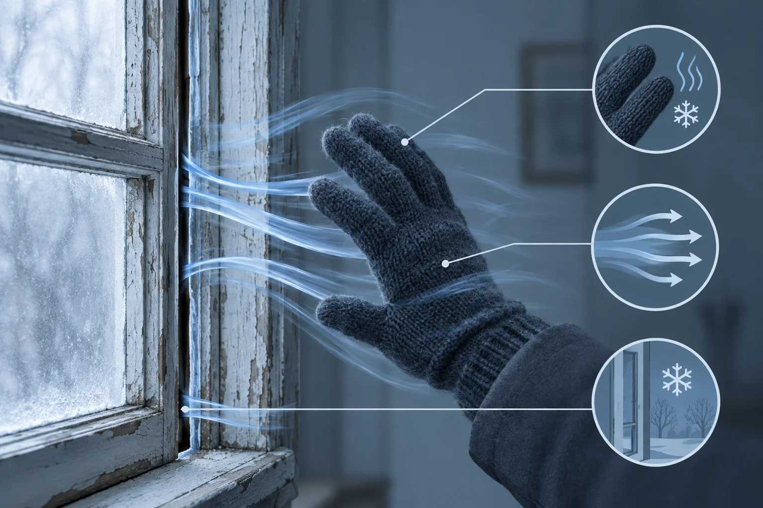 Janela com frestas por onde passam linhas de vento em direção a uma mão enluvada, sugerindo frio e pressão.