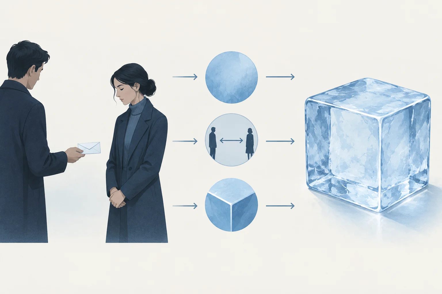 Diagrama que aproxima uma resposta reservada de um cubo de gelo por qualidades de frieza, distância e rigidez.