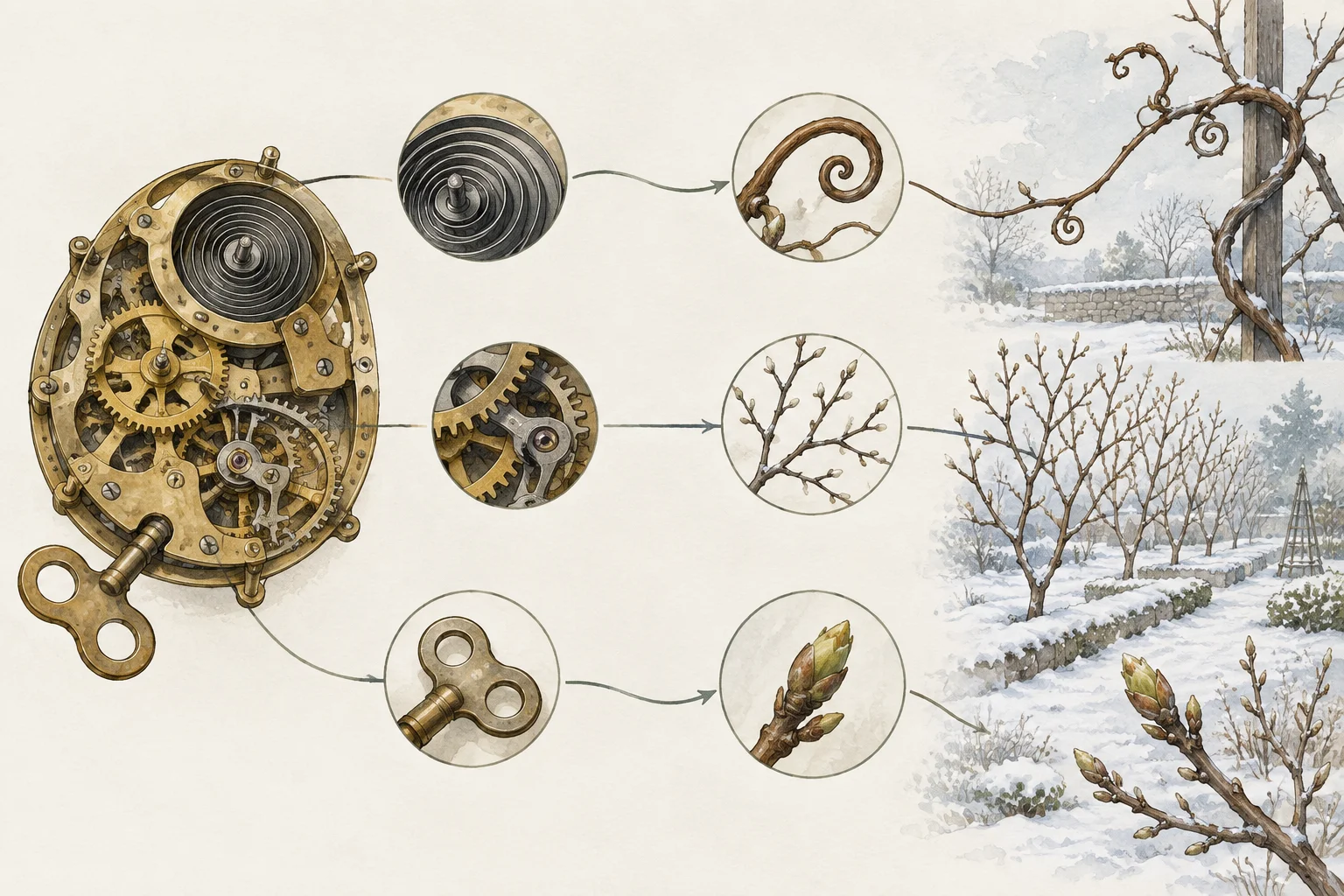 Diagrama que aproxima um mecanismo de relógio de um jardim de inverno por relações seletivas, como espiral, ritmo e impulso de abertura.