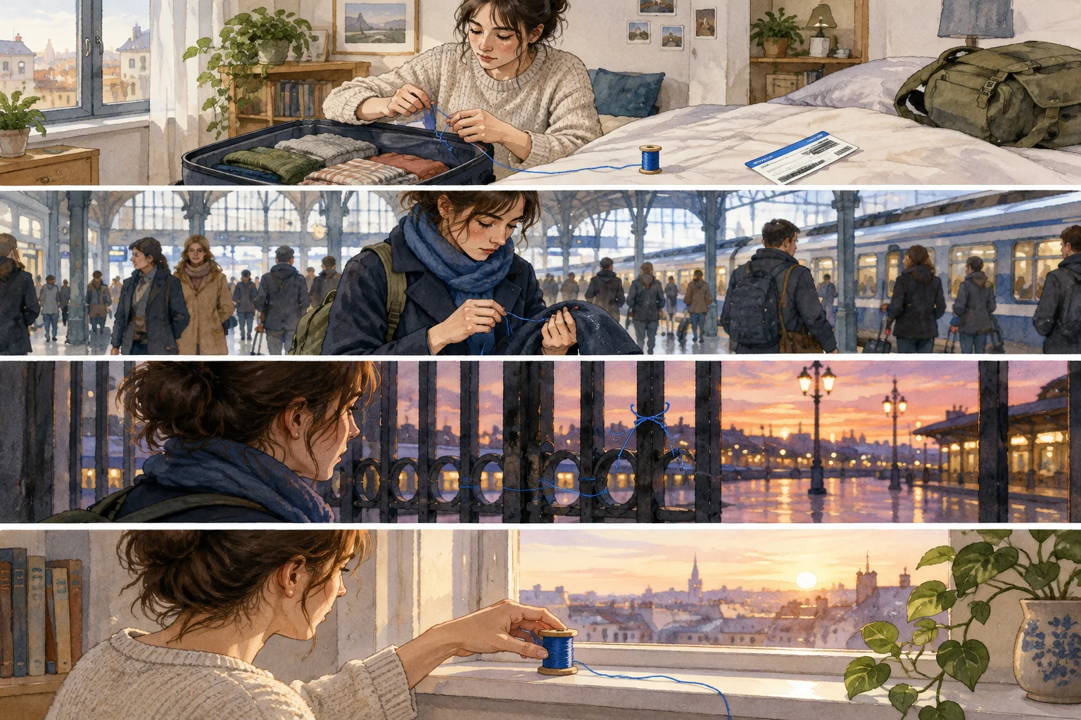 Quatro momentos de uma narrativa mostram o mesmo fio azul em cenários diferentes: partida, estação, portão e janela.