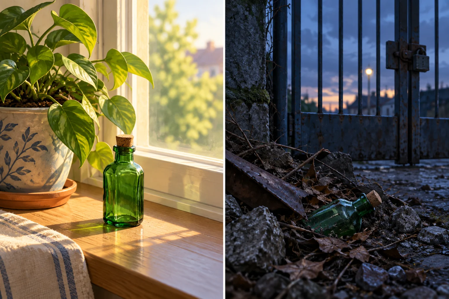 Uma garrafa verde aparece em dois cenários contrastantes: junto a uma planta cuidada e entre destroços perto de um portão fechado.