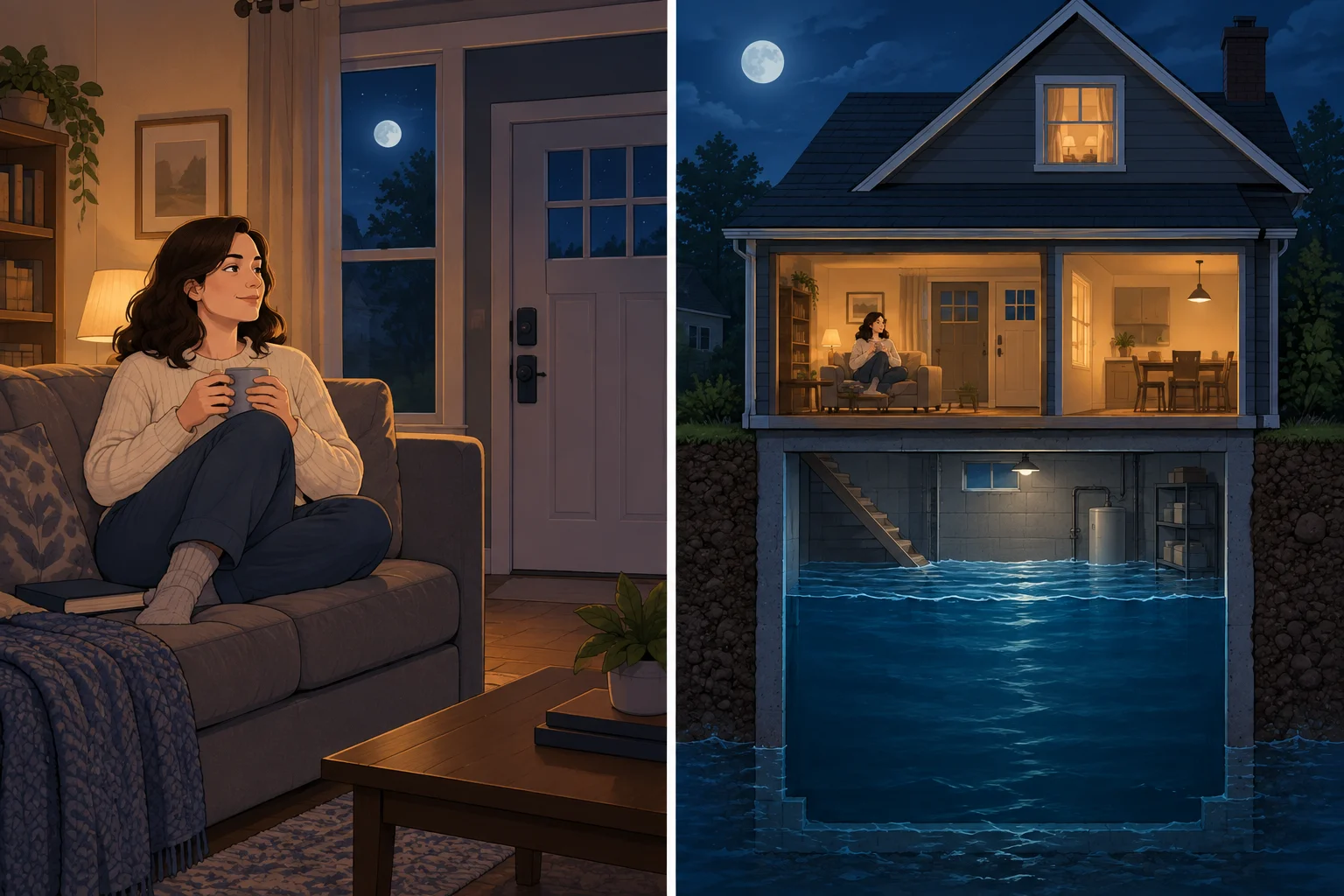 Comparação entre Nora, que se sente protegida dentro da casa, e o leitor, que vê a água subindo no porão.