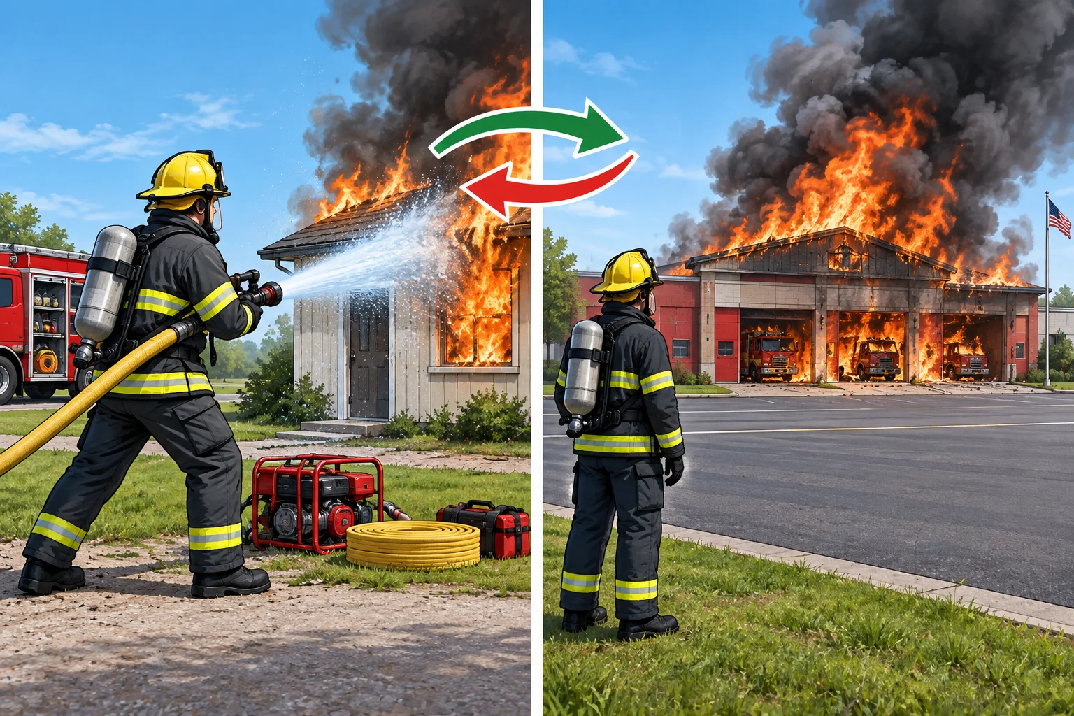 Comparação visual entre a expectativa de que um bombeiro proteja um prédio e o resultado de o quartel dos bombeiros pegar fogo.